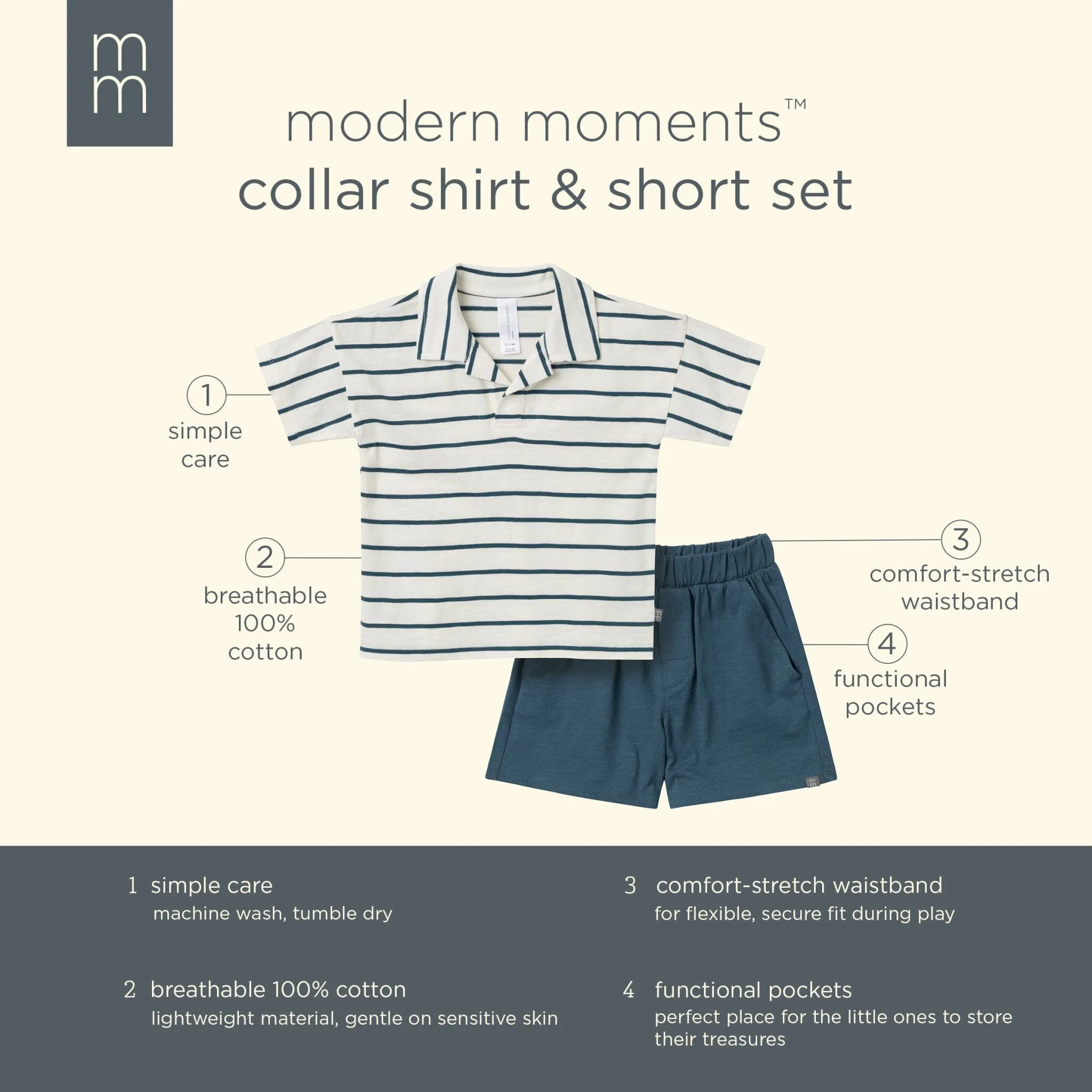 2-Piece Toddler Boys Ivory Stripe Johnny Collar Shirt and Shorts Set