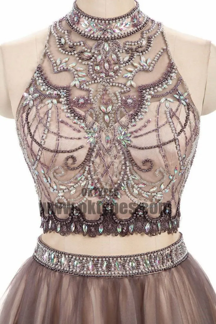 2 Pieces High Neck Rhinestone Beaded Tulle Homecoming Dresses, Short Prom Dresses, TYP0619