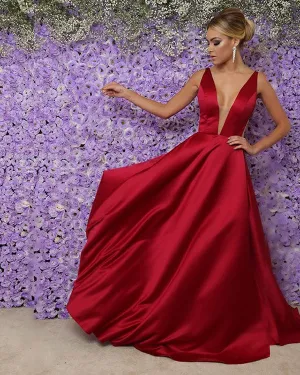 2018 Red Satin Prom Dresses Long Sexy V Neckline Prom Gowns for Party New Arrival
