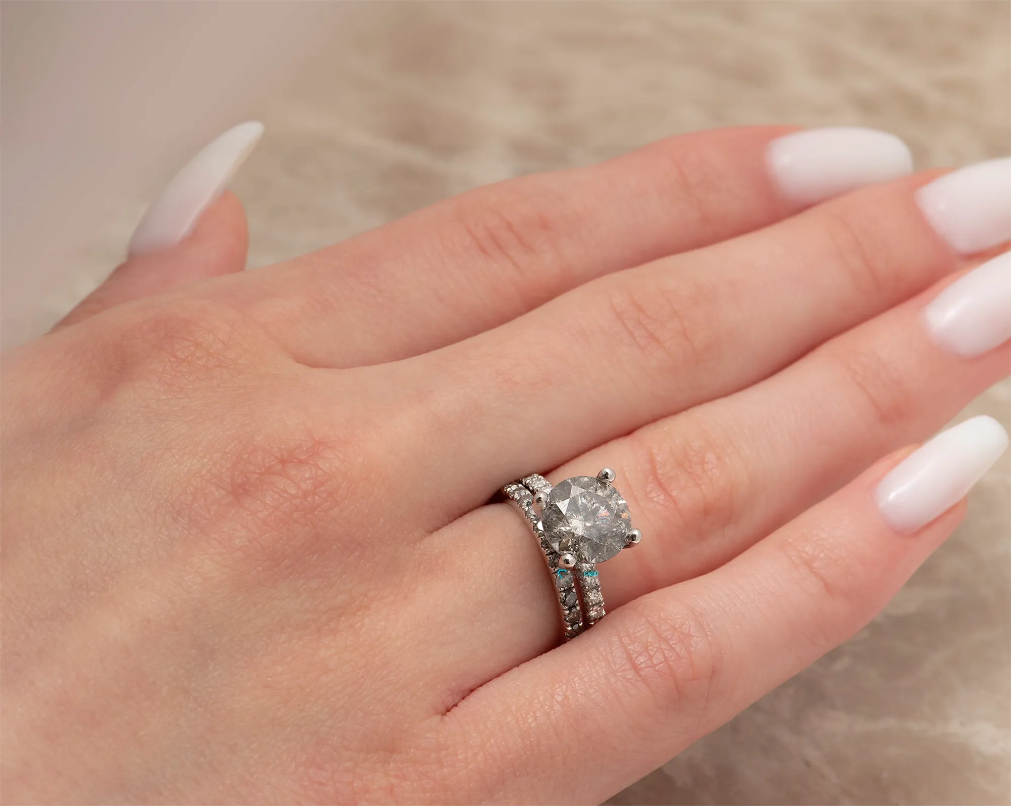 4 ct Salt and Pepper diamond ring with matching pave diamond wedding band white gold/ Platinum