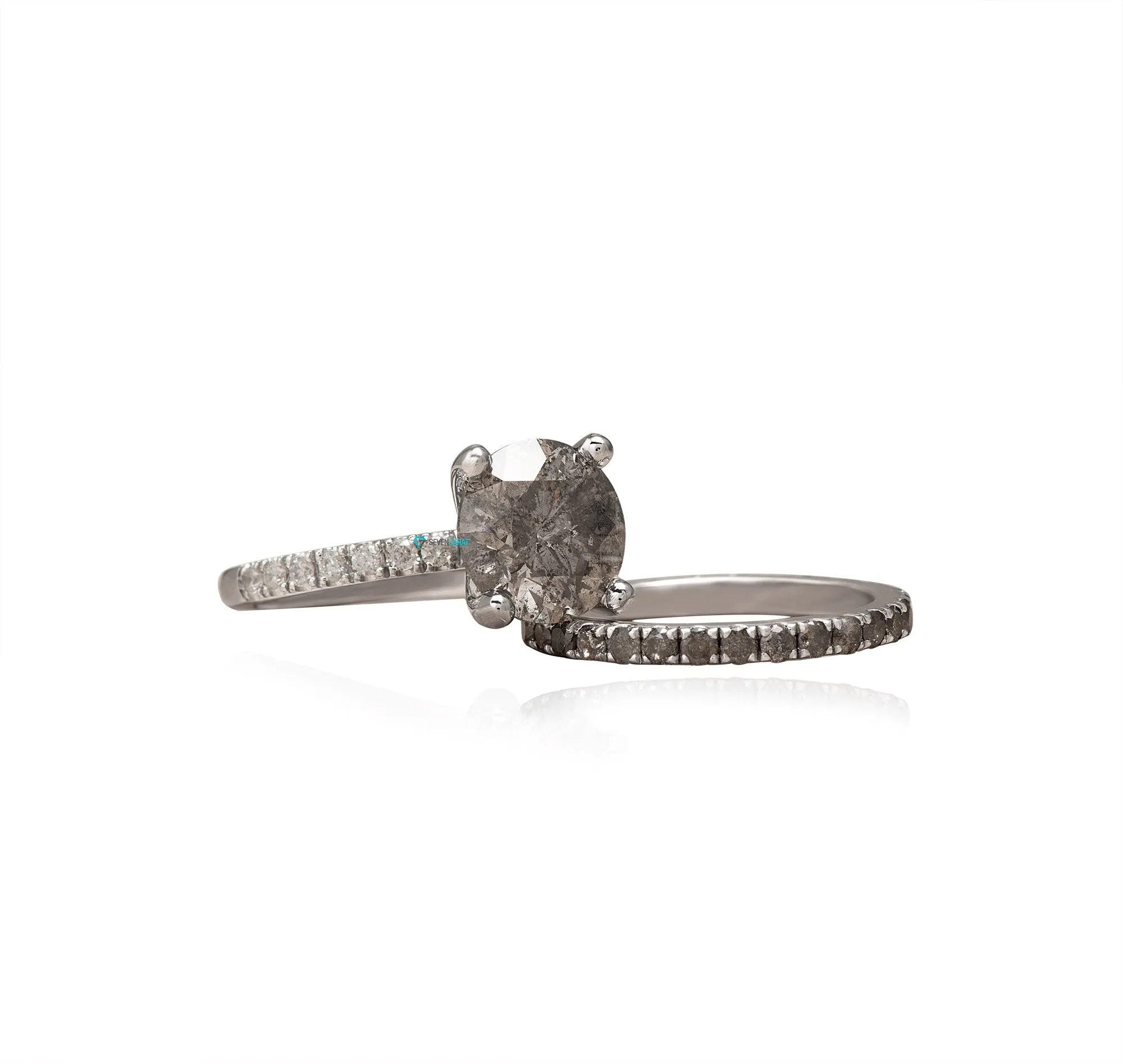 4 ct Salt and Pepper diamond ring with matching pave diamond wedding band white gold/ Platinum