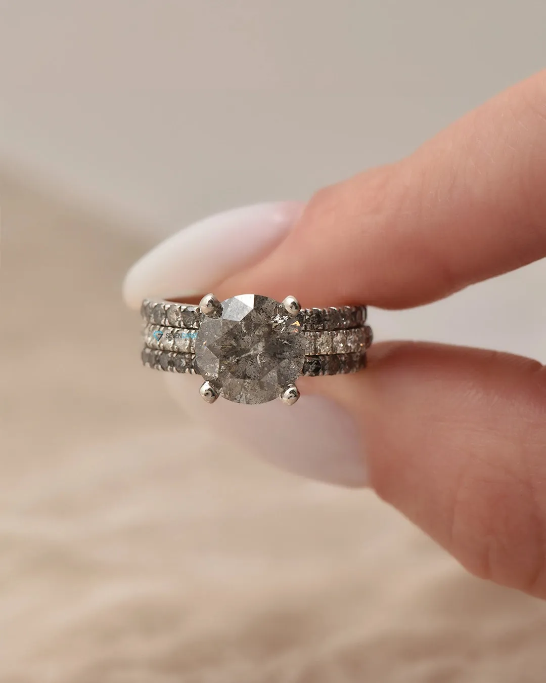 4 ct Salt and Pepper diamond ring with matching pave diamond wedding band white gold/ Platinum
