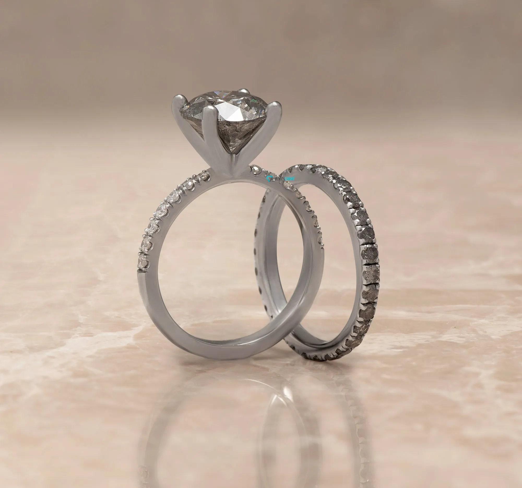 4 ct Salt and Pepper diamond ring with matching pave diamond wedding band white gold/ Platinum
