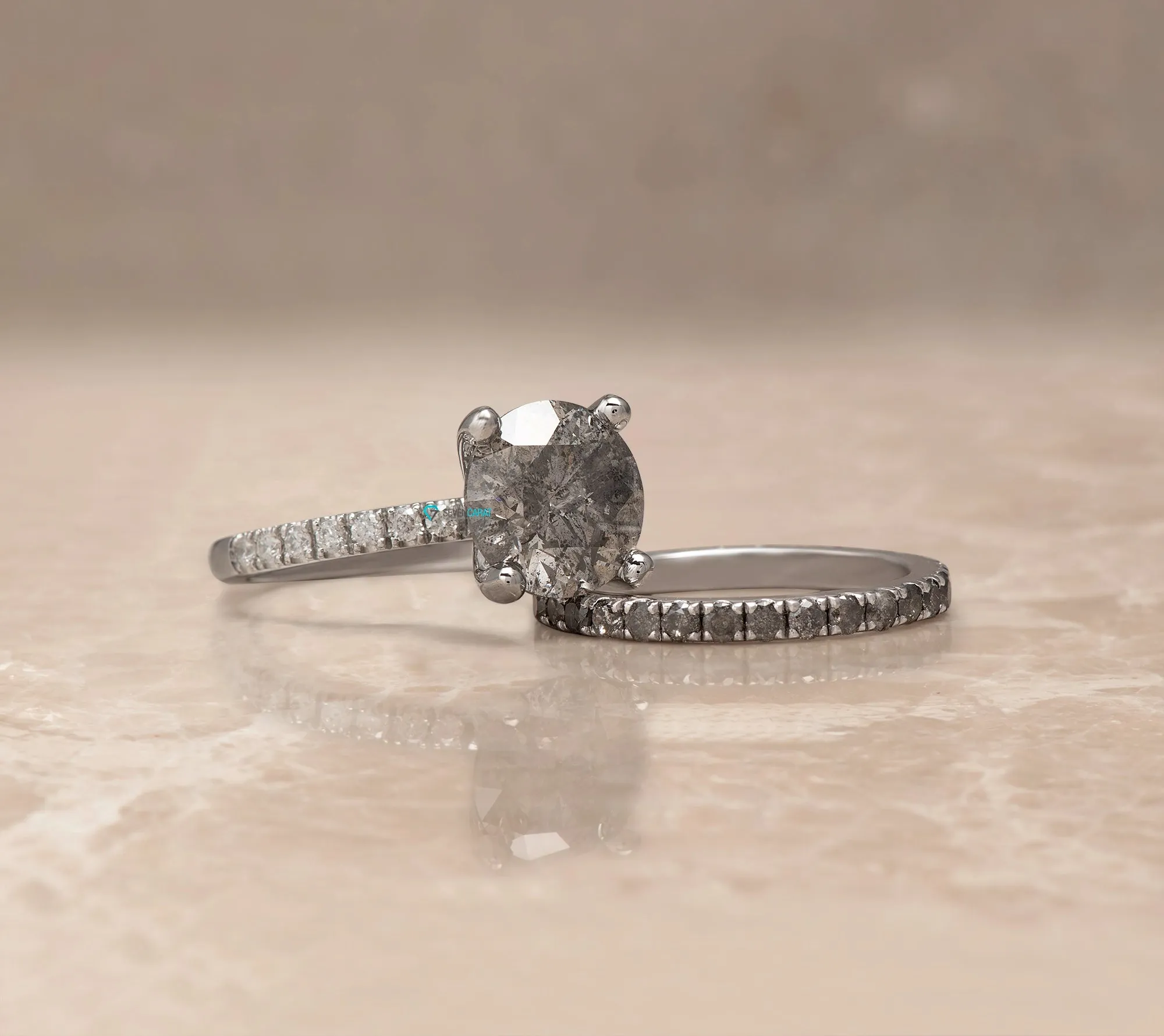 4 ct Salt and Pepper diamond ring with matching pave diamond wedding band white gold/ Platinum