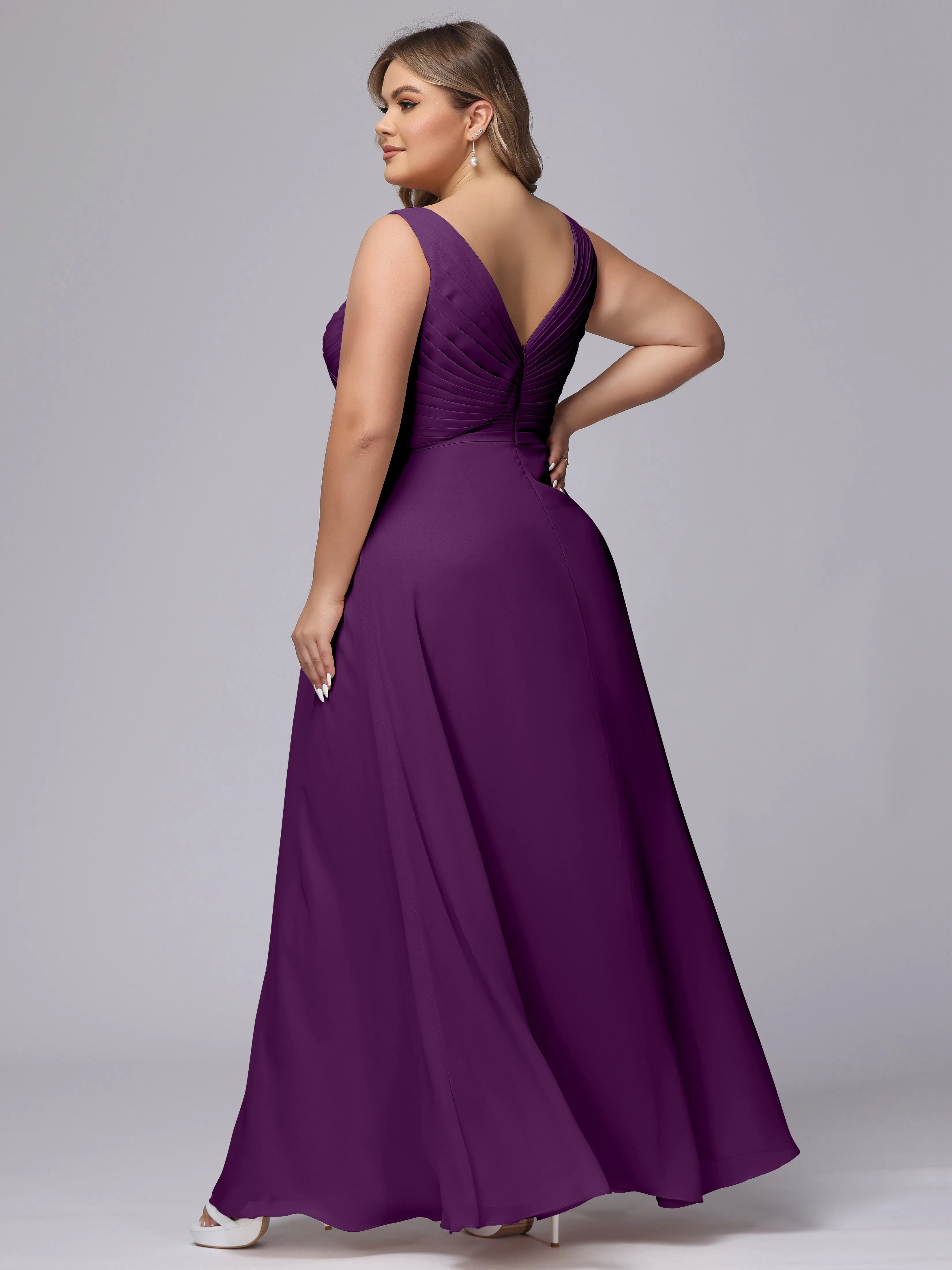 A-line Sleeveless V-back Chiffon Plus Size Bridesmaid Dress