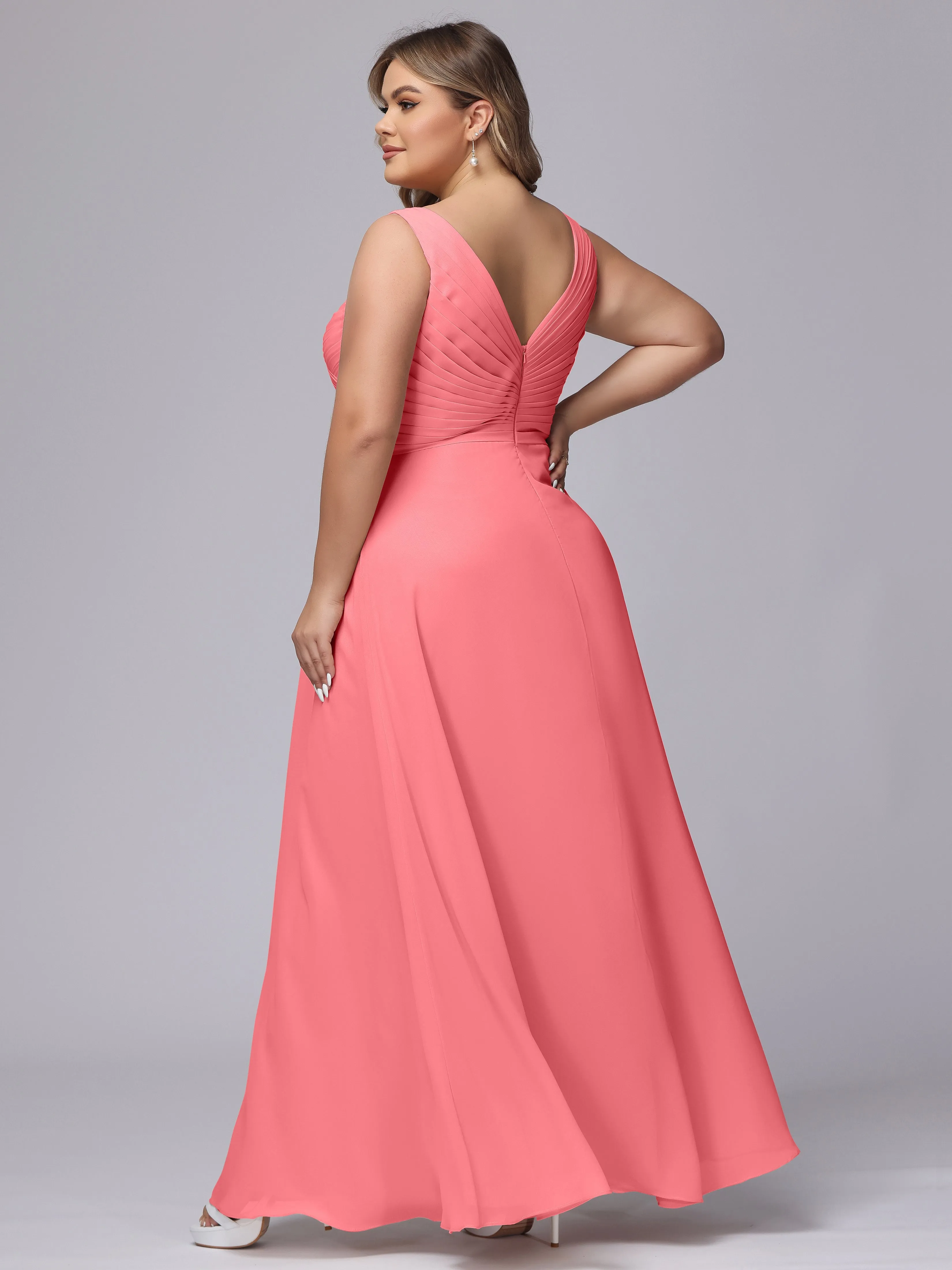 A-line Sleeveless V-back Chiffon Plus Size Bridesmaid Dress