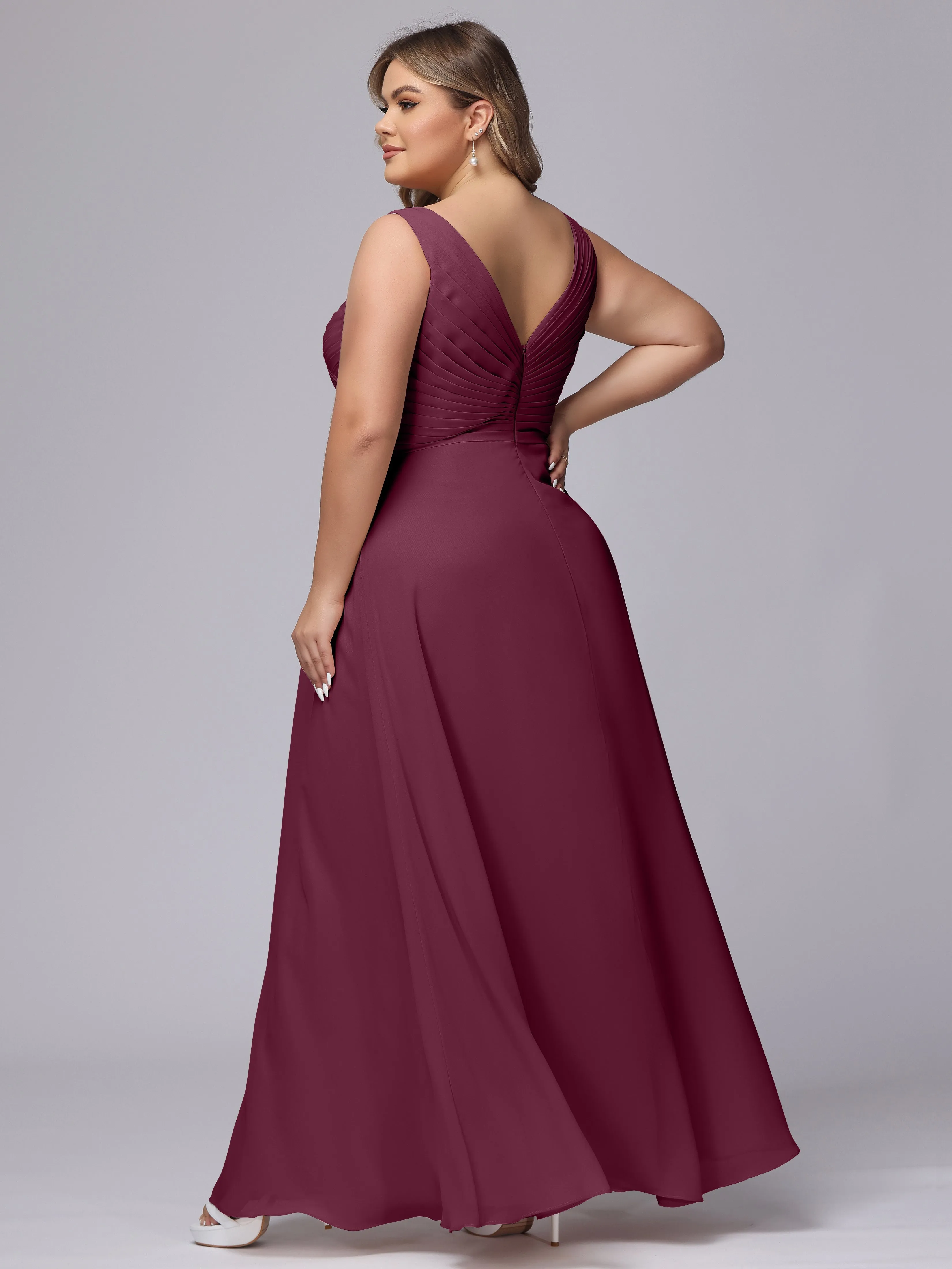 A-line Sleeveless V-back Chiffon Plus Size Bridesmaid Dress
