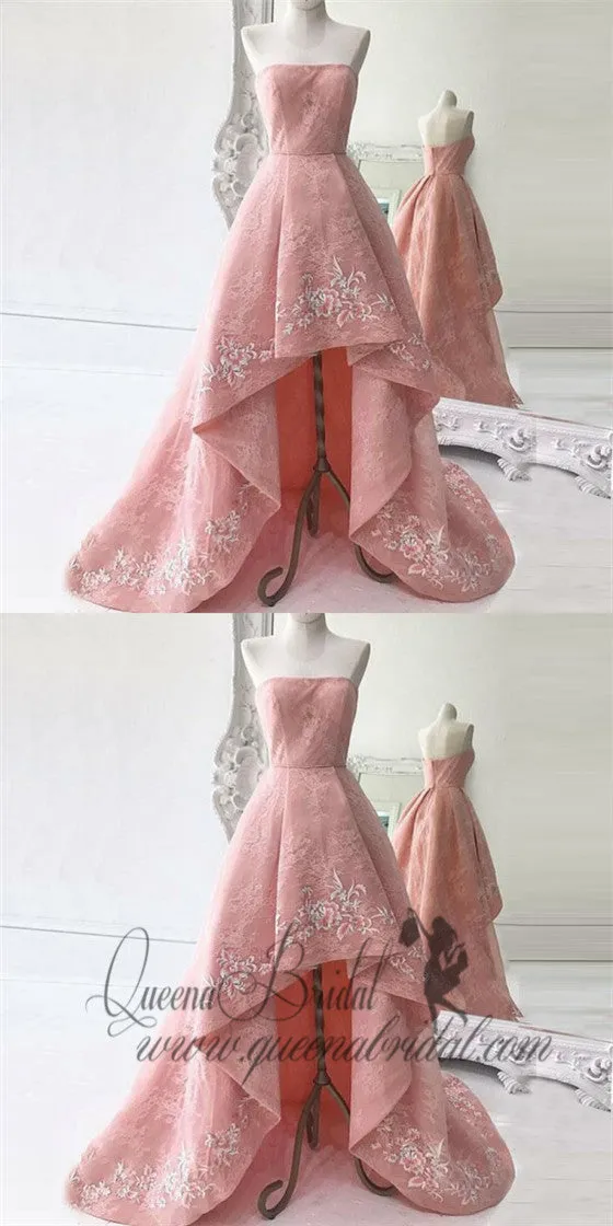 A-Line Strapless Asymmetry Pink Lace Prom Dresses with Appliques, QB0246