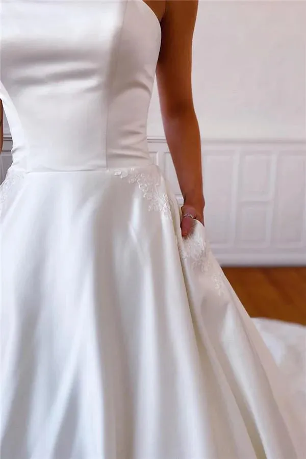 A-Line Strapless Satin Sweep Train Lace Appliques Wedding Dresses With Pockets