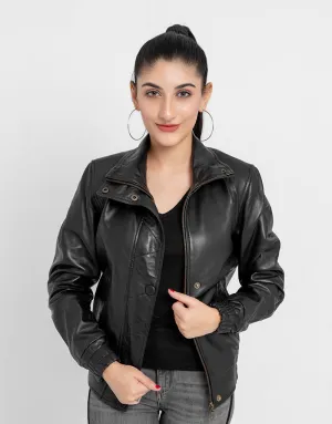Annamaria Accent Cropped Black Leather Bomber Jacket