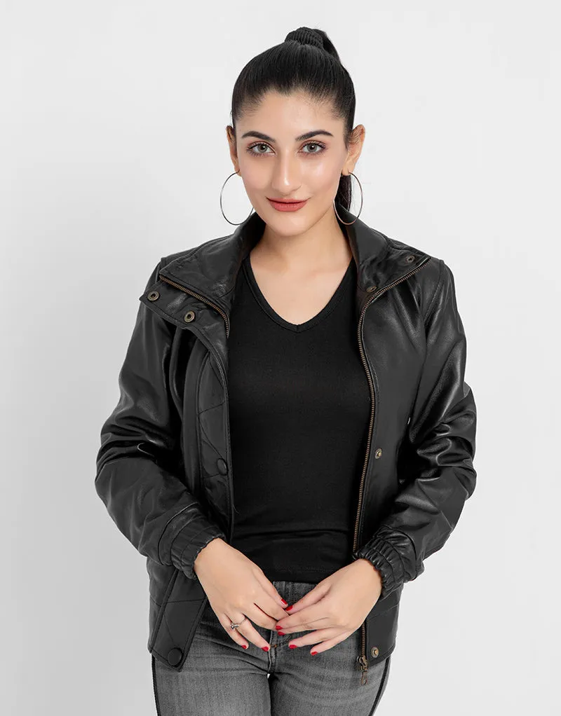 Annamaria Accent Cropped Black Leather Bomber Jacket