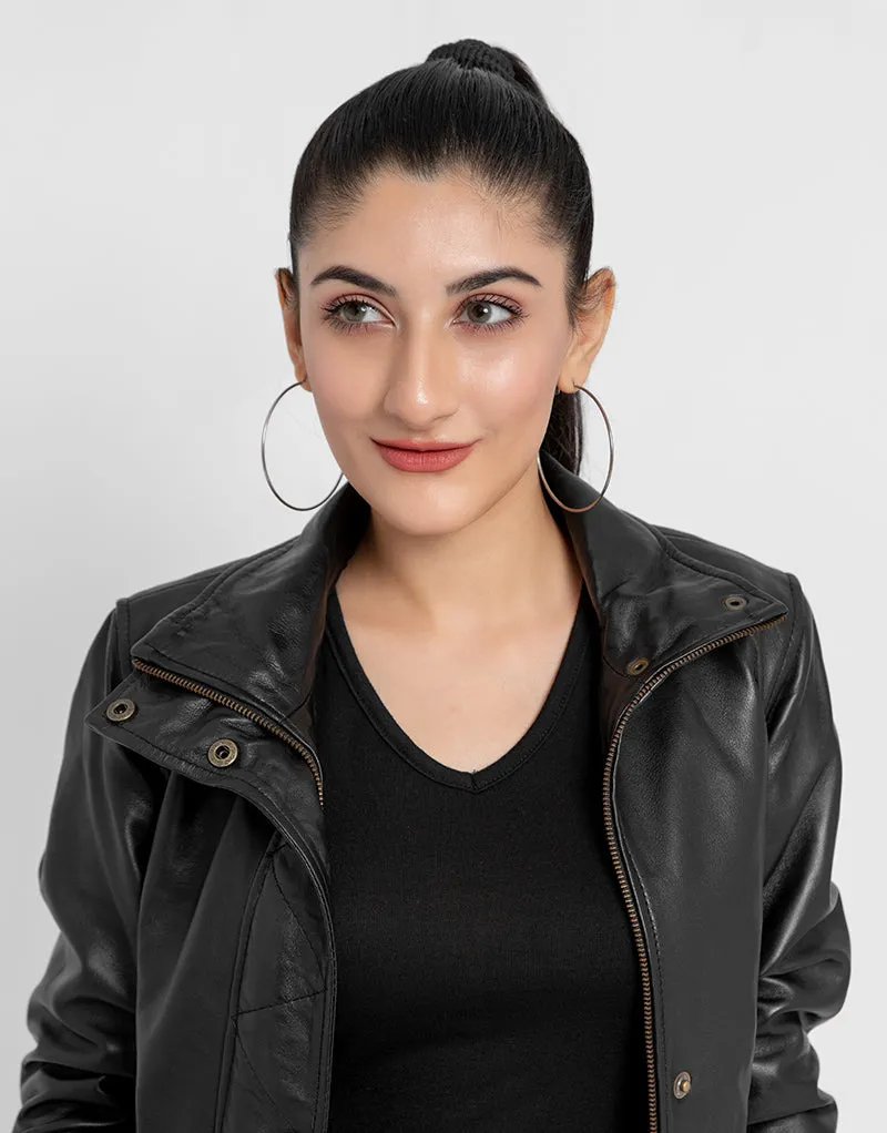 Annamaria Accent Cropped Black Leather Bomber Jacket