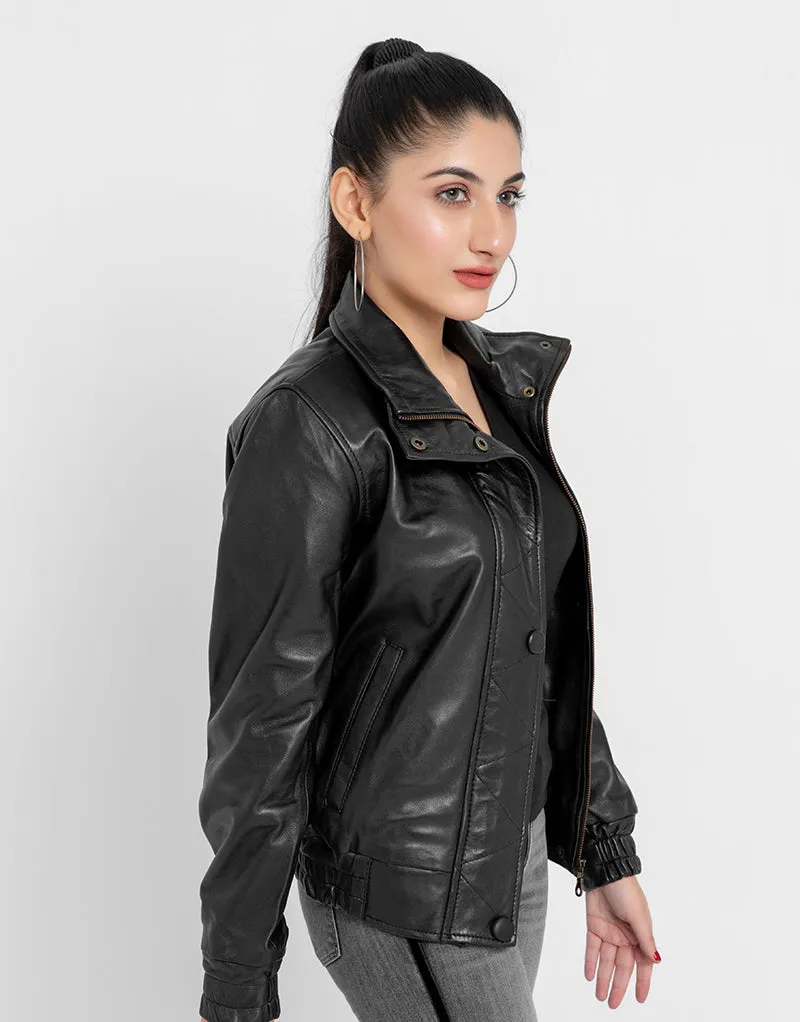 Annamaria Accent Cropped Black Leather Bomber Jacket