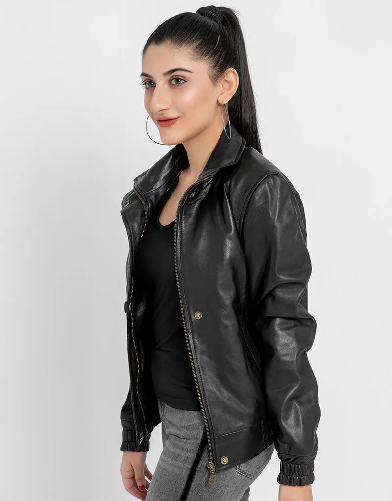 Annamaria Accent Cropped Black Leather Bomber Jacket