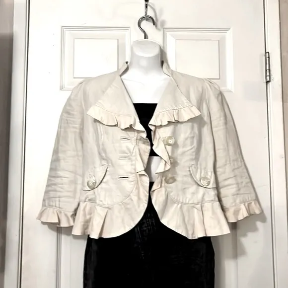 Anthropologie Idra Ruffled Linen Cropped Button Jacket Sz 2
