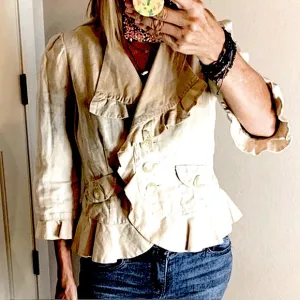 Anthropologie Idra Ruffled Linen Cropped Button Jacket Sz 2