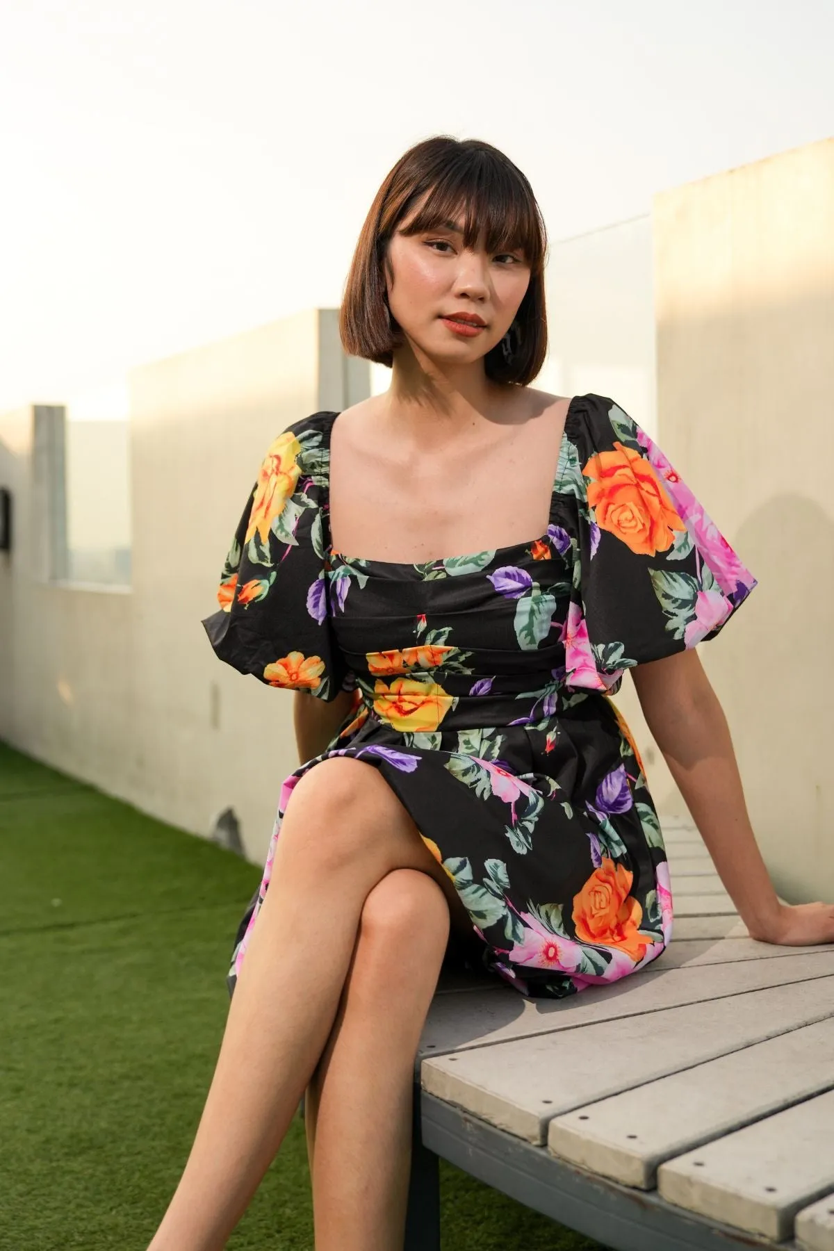 ANYA Pleated Puff-Sleeve Floral Dress (Black)