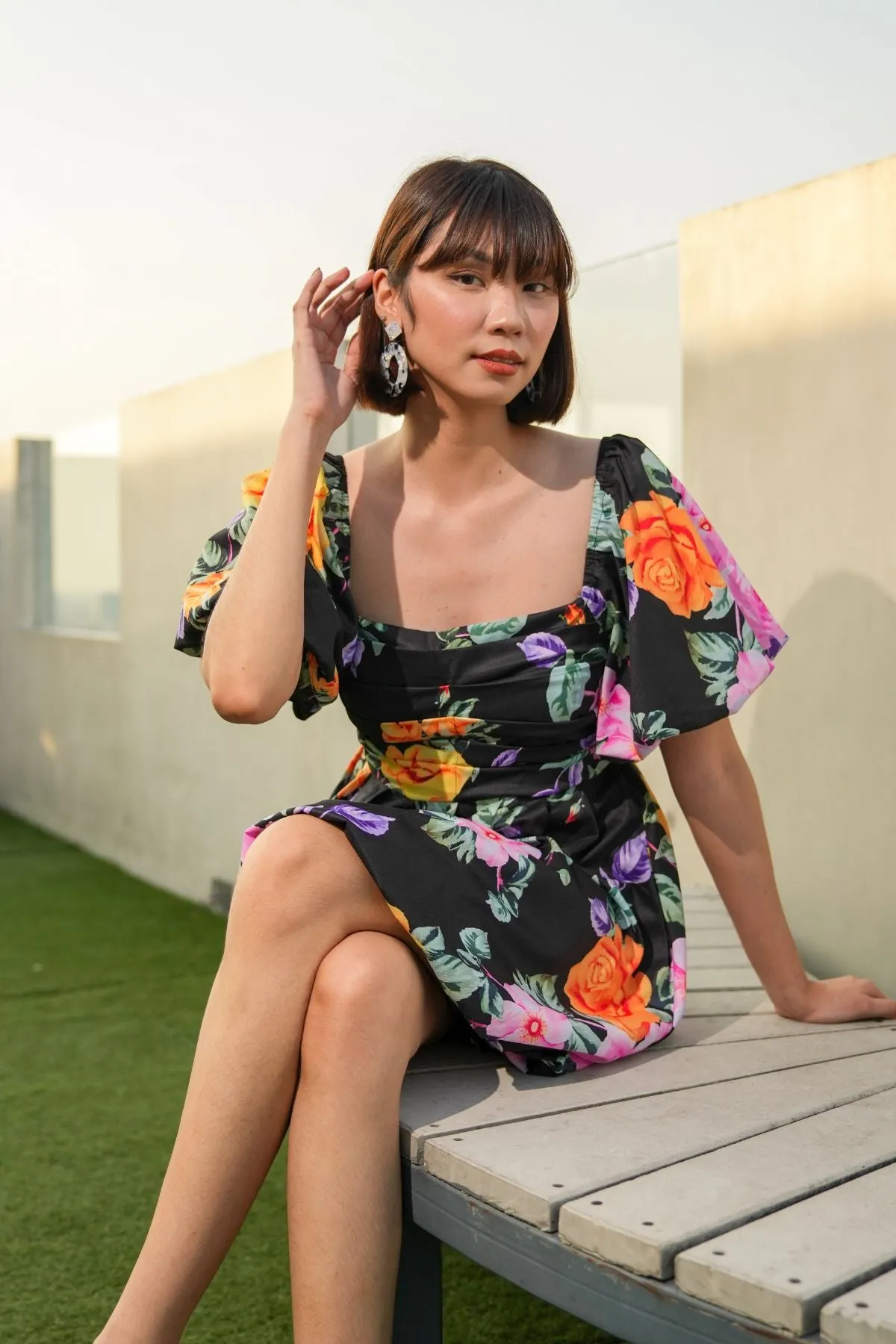 ANYA Pleated Puff-Sleeve Floral Dress (Black)