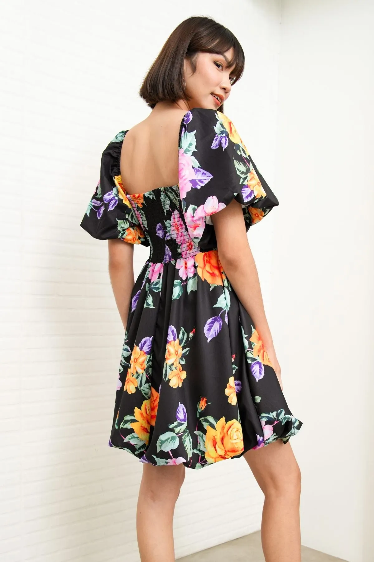 ANYA Pleated Puff-Sleeve Floral Dress (Black)