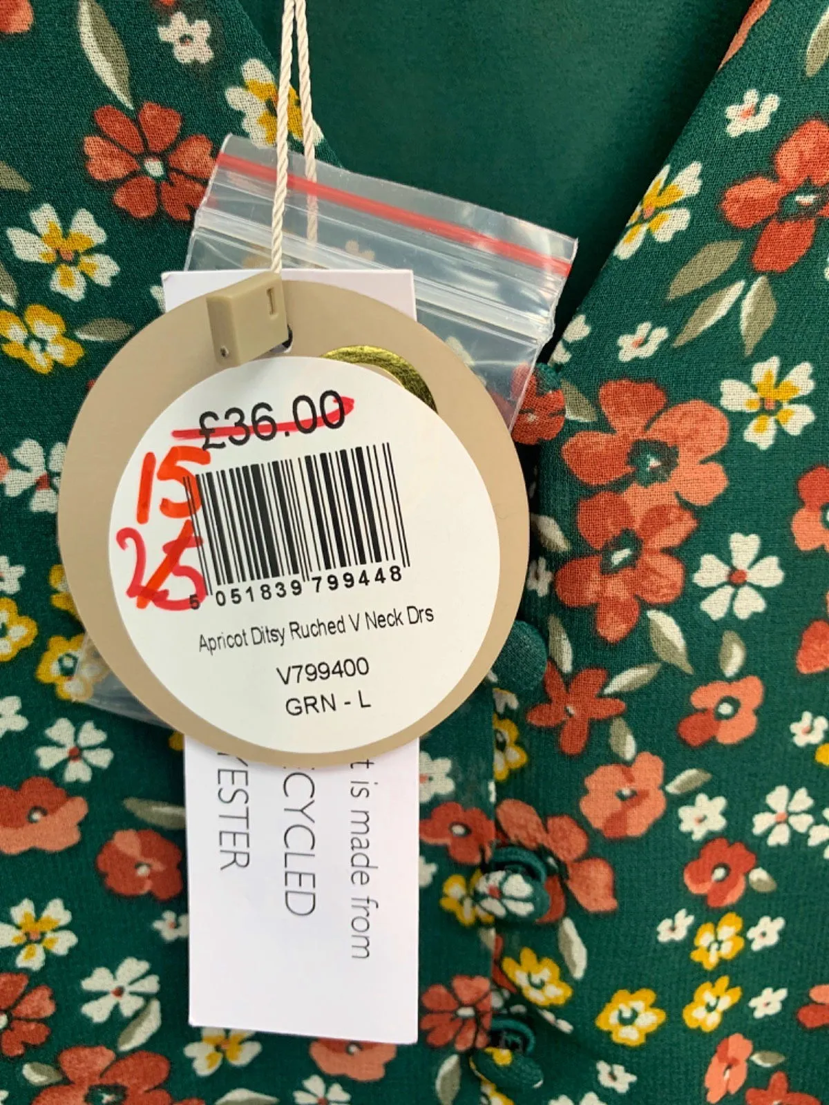 Apricot Green Ditsy Ruched V Neck Dress UK 14