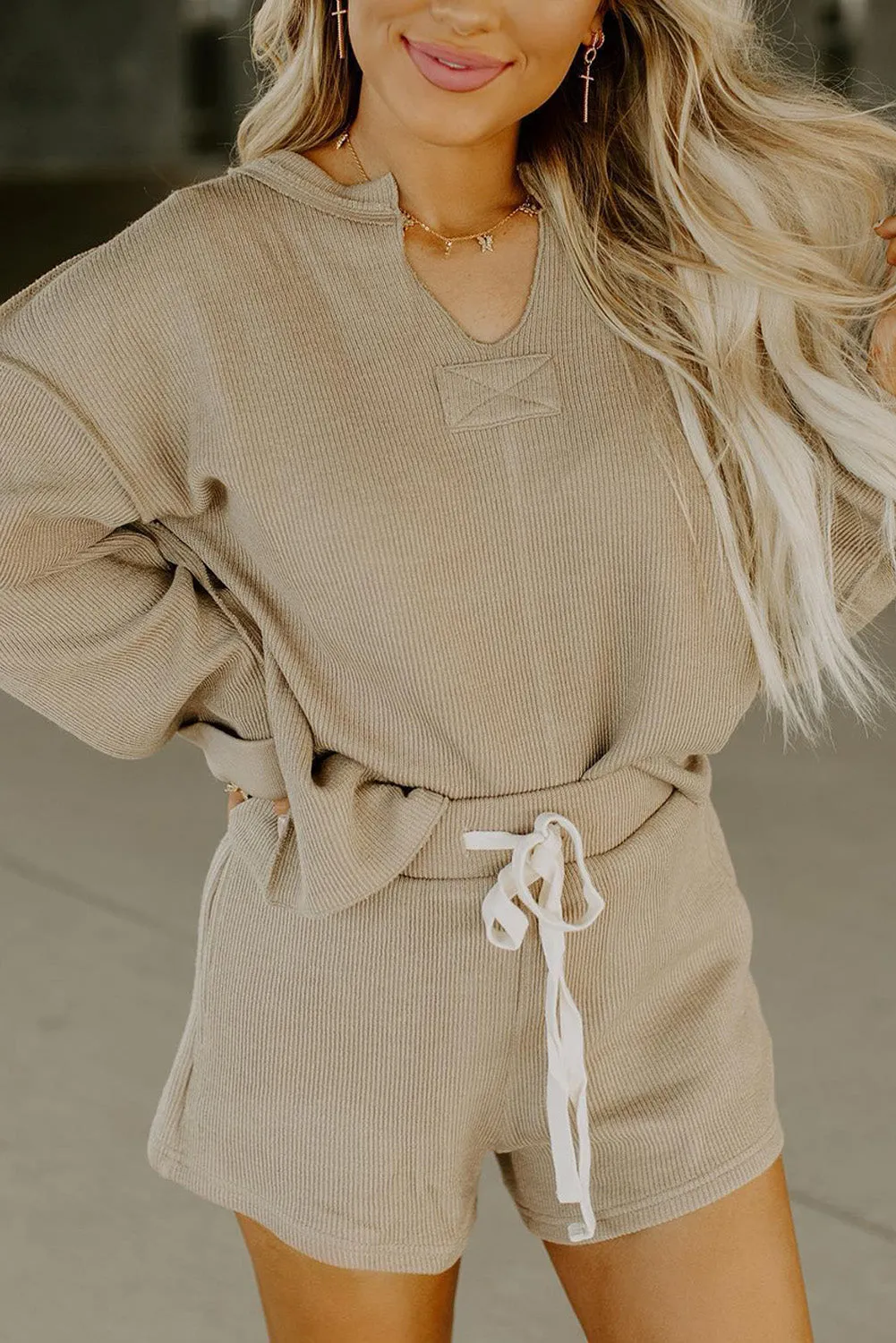 Apricot khaki Exposed Seam Textured Long Sleeve Top Shorts Outfit