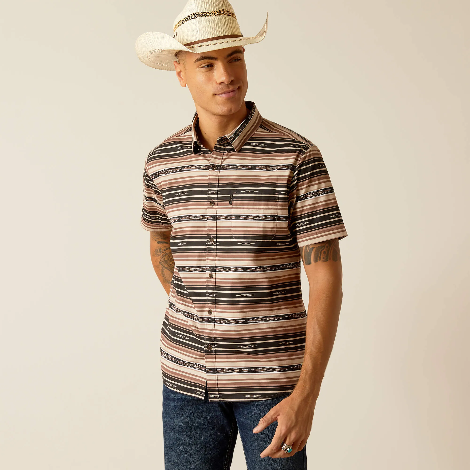 Ariat Men's Murphy Brown Tan Aztec Stripe Print Modern Fit Short Sleeve Button-Down Stretch Shirt