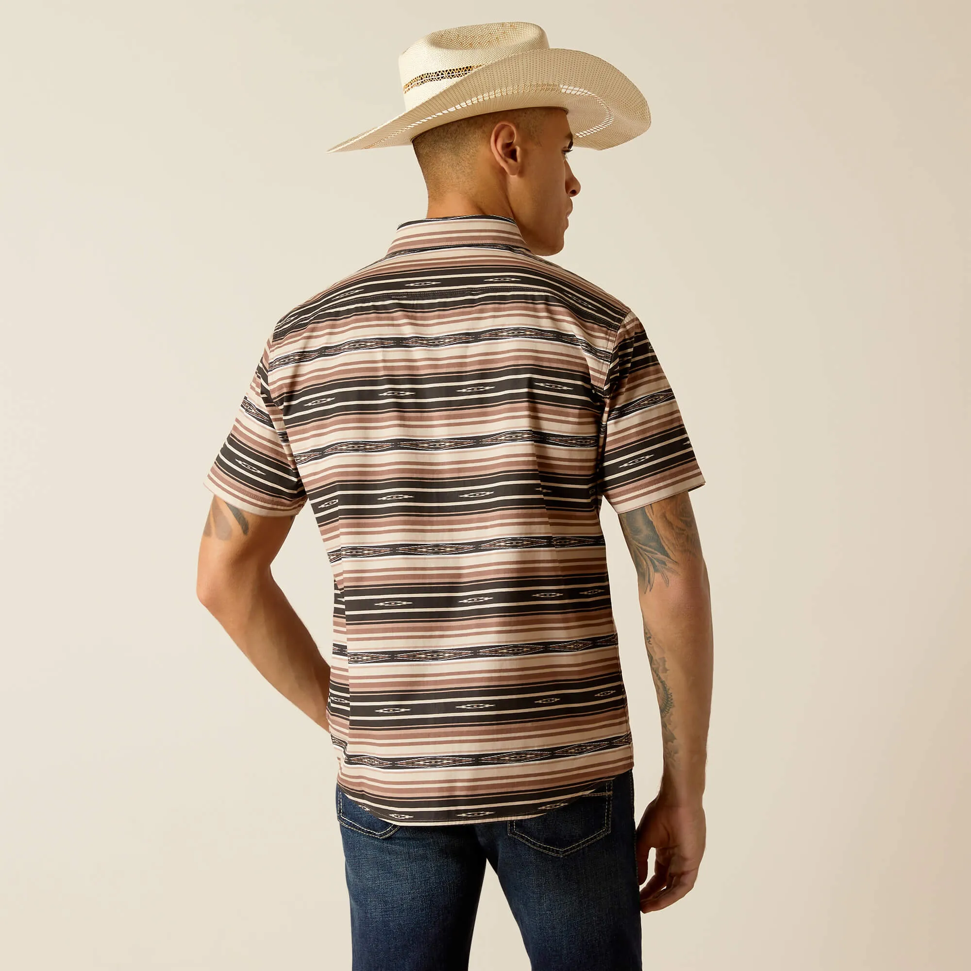 Ariat Men's Murphy Brown Tan Aztec Stripe Print Modern Fit Short Sleeve Button-Down Stretch Shirt