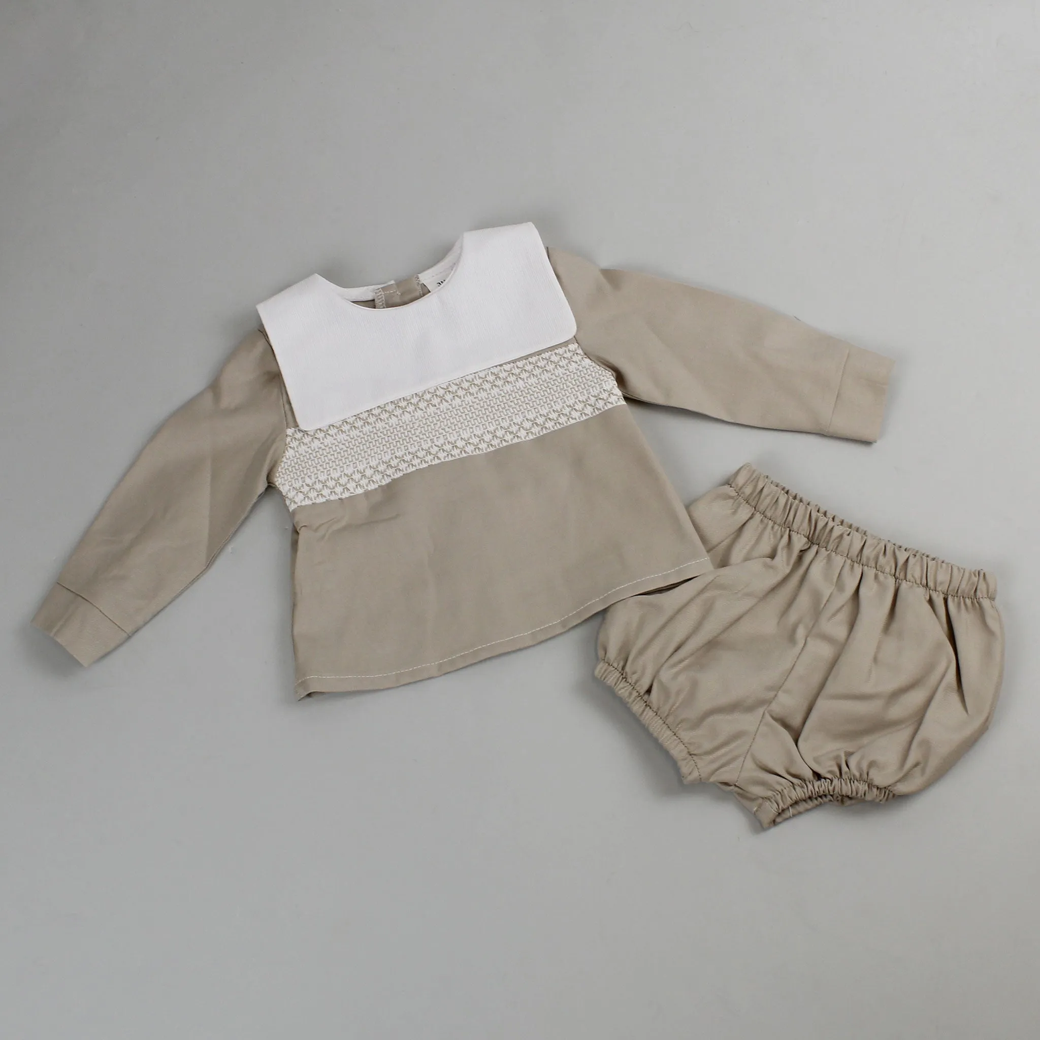 Baby Boys Beige Cotton Long Sleeve Outfit - With Shorts