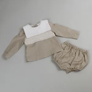 Baby Boys Beige Cotton Long Sleeve Outfit - With Shorts