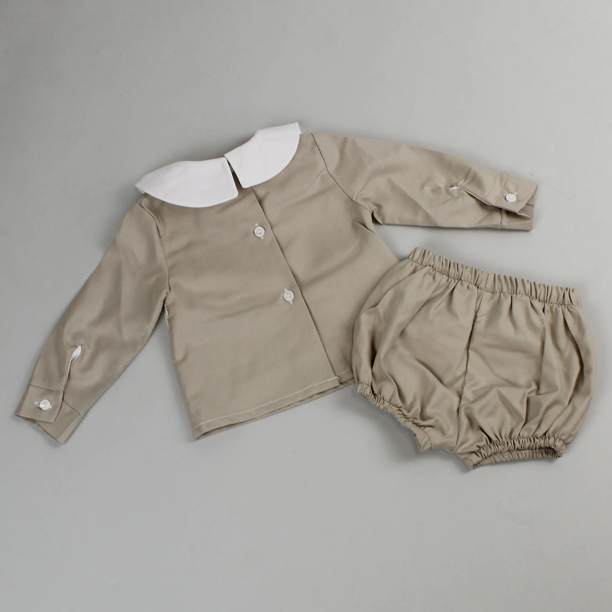 Baby Boys Beige Cotton Long Sleeve Outfit - With Shorts