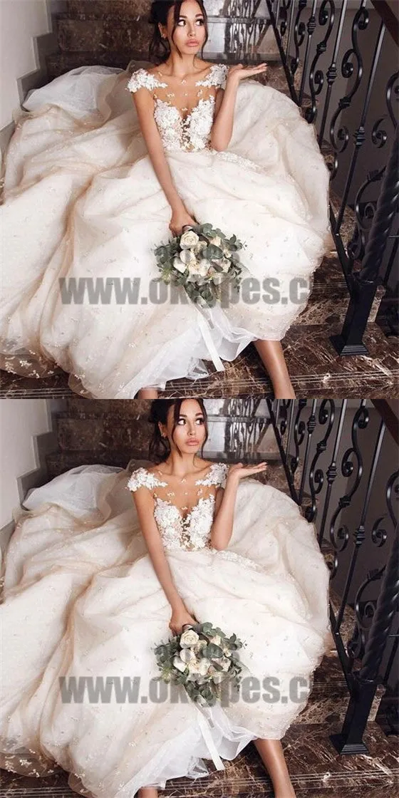 Ball Gown Bateau Cap Sleeves Pearl Pink Wedding Dress with Appliques, TYP0706