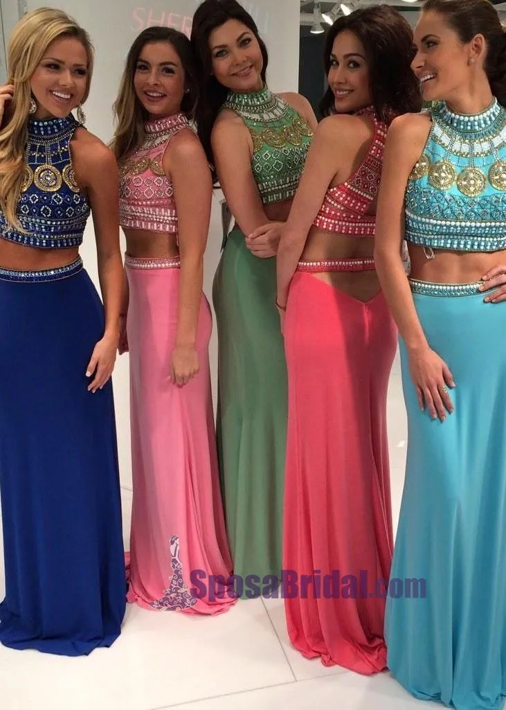 Beading Two Pieces Halter High Neck Gorgeous Prom Dresses, Sparkly Shining Prom Dresses, PD0624