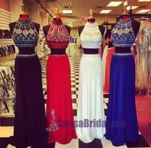 Beading Two Pieces Halter High Neck Gorgeous Prom Dresses, Sparkly Shining Prom Dresses, PD0624