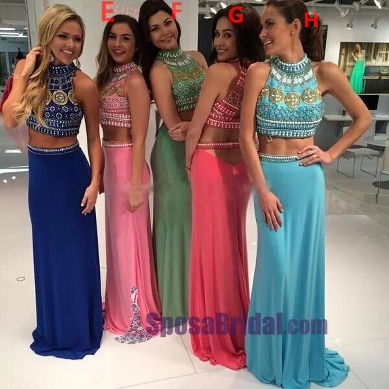 Beading Two Pieces Halter High Neck Gorgeous Prom Dresses, Sparkly Shining Prom Dresses, PD0624