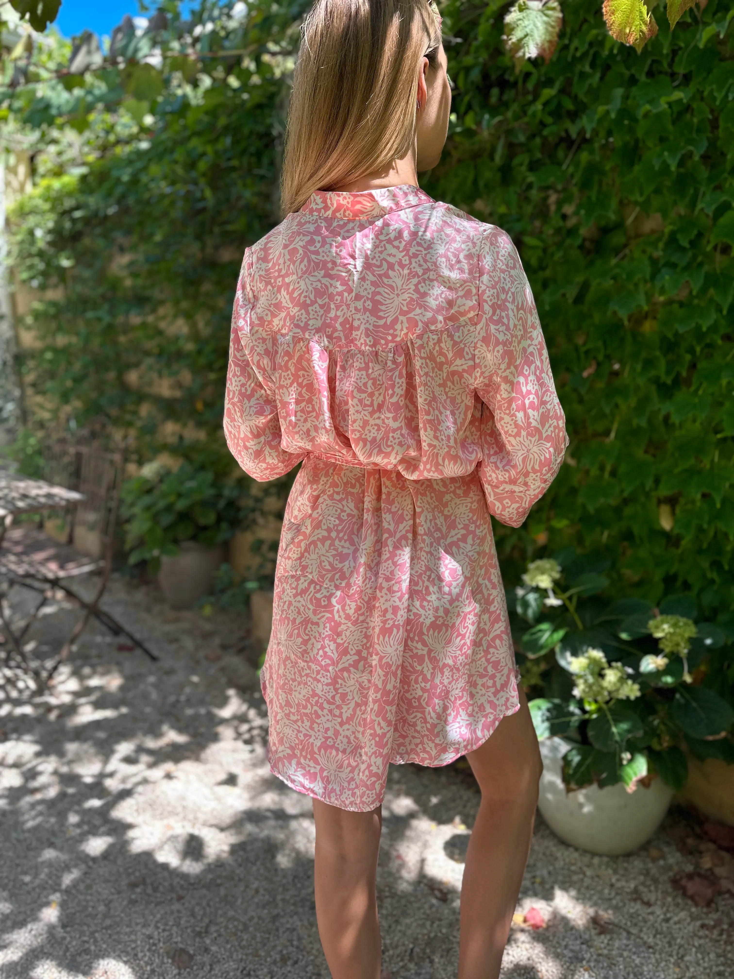 Belize Silk Mini Shirt Dress in Cherry Blossom