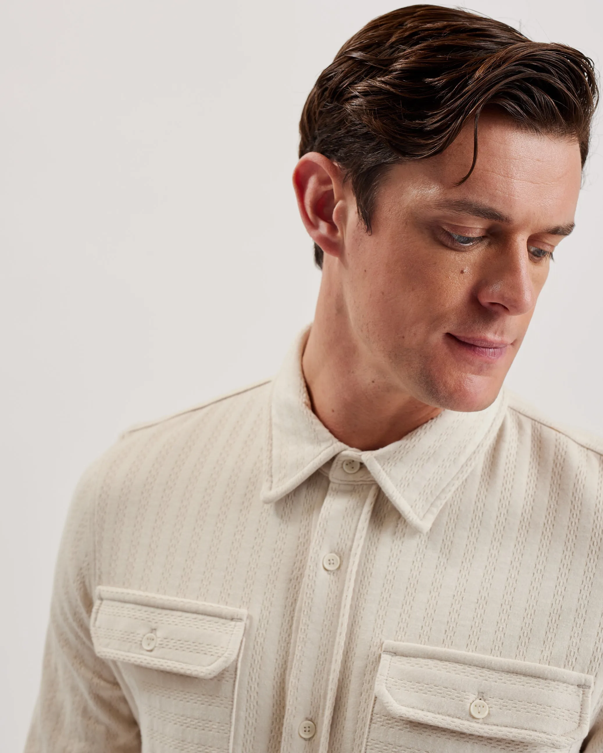 Belza Long Sleeve Regular Fit Textured Shirt Beige
