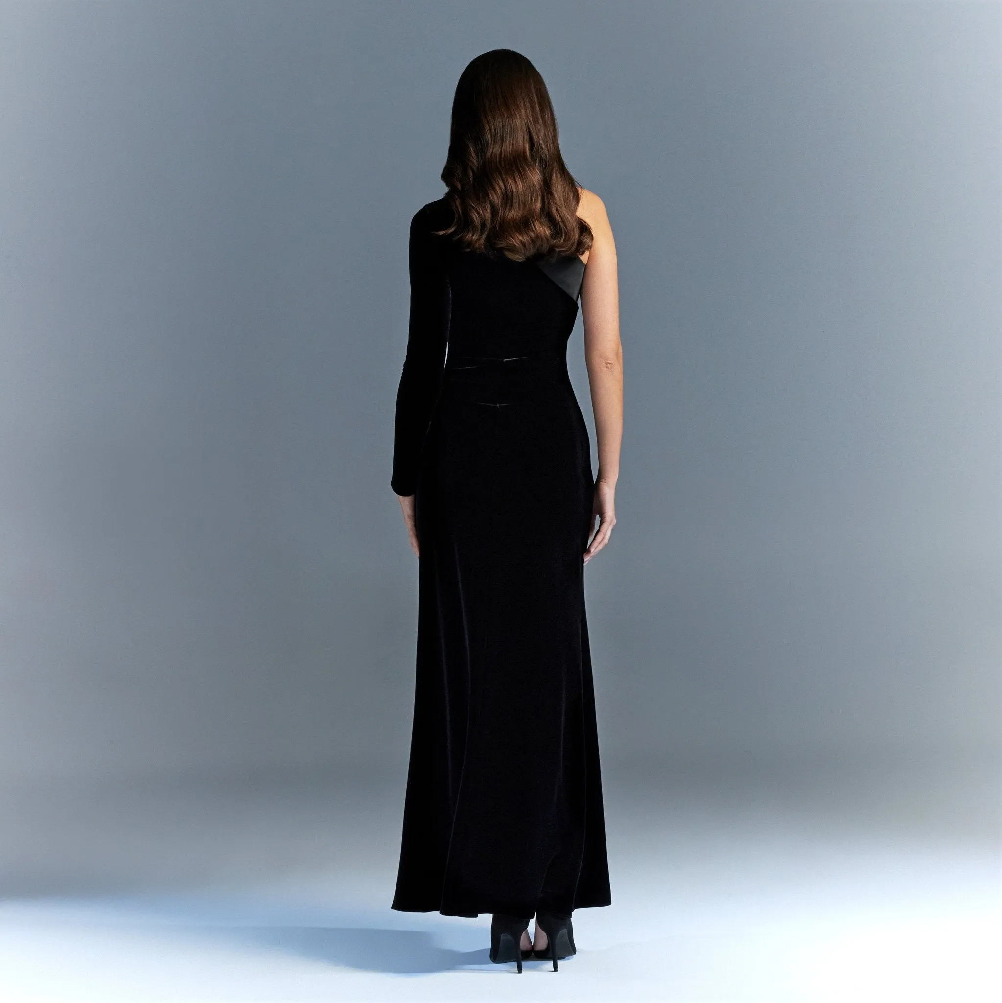 Black One Shoulder Velvet Maxi Dress With Satin Hem - Limited edition