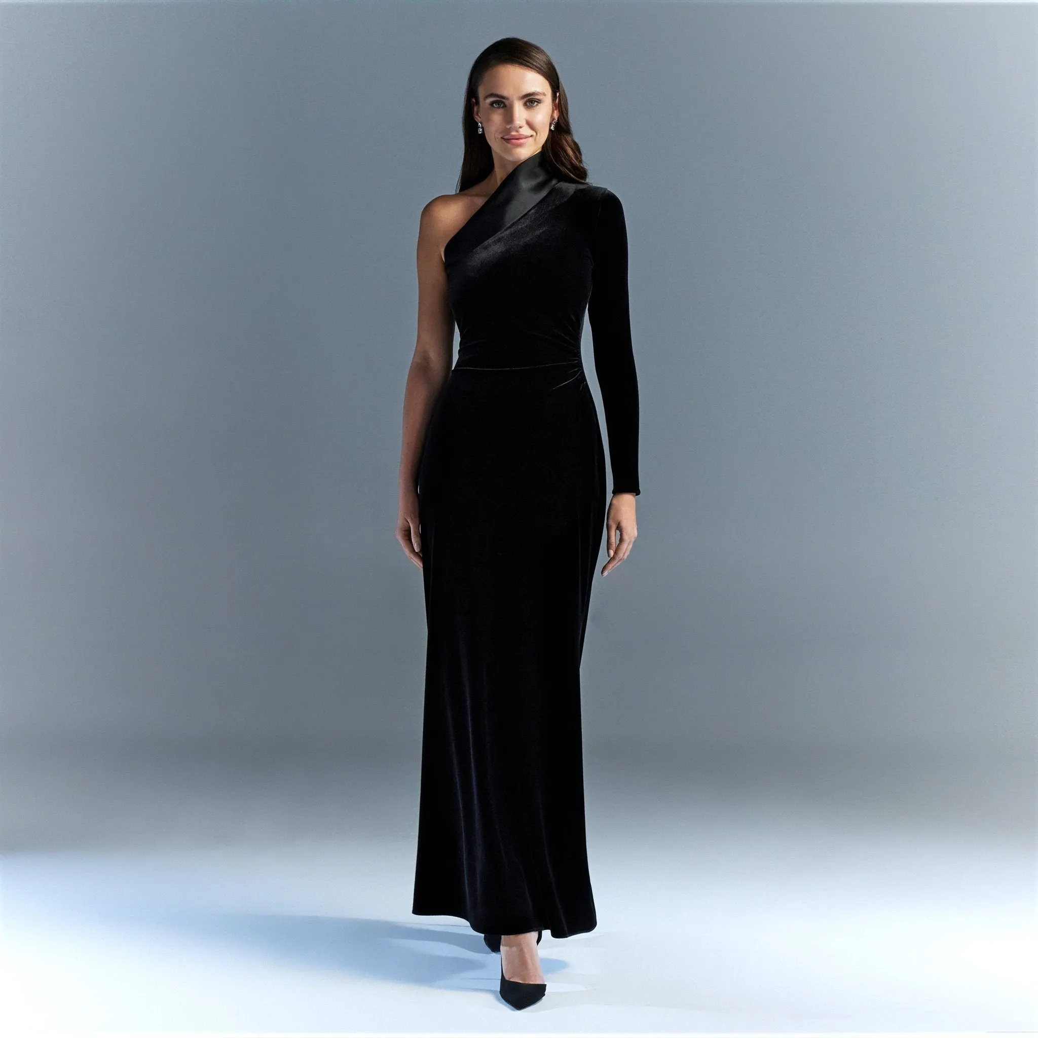 Black One Shoulder Velvet Maxi Dress With Satin Hem - Limited edition