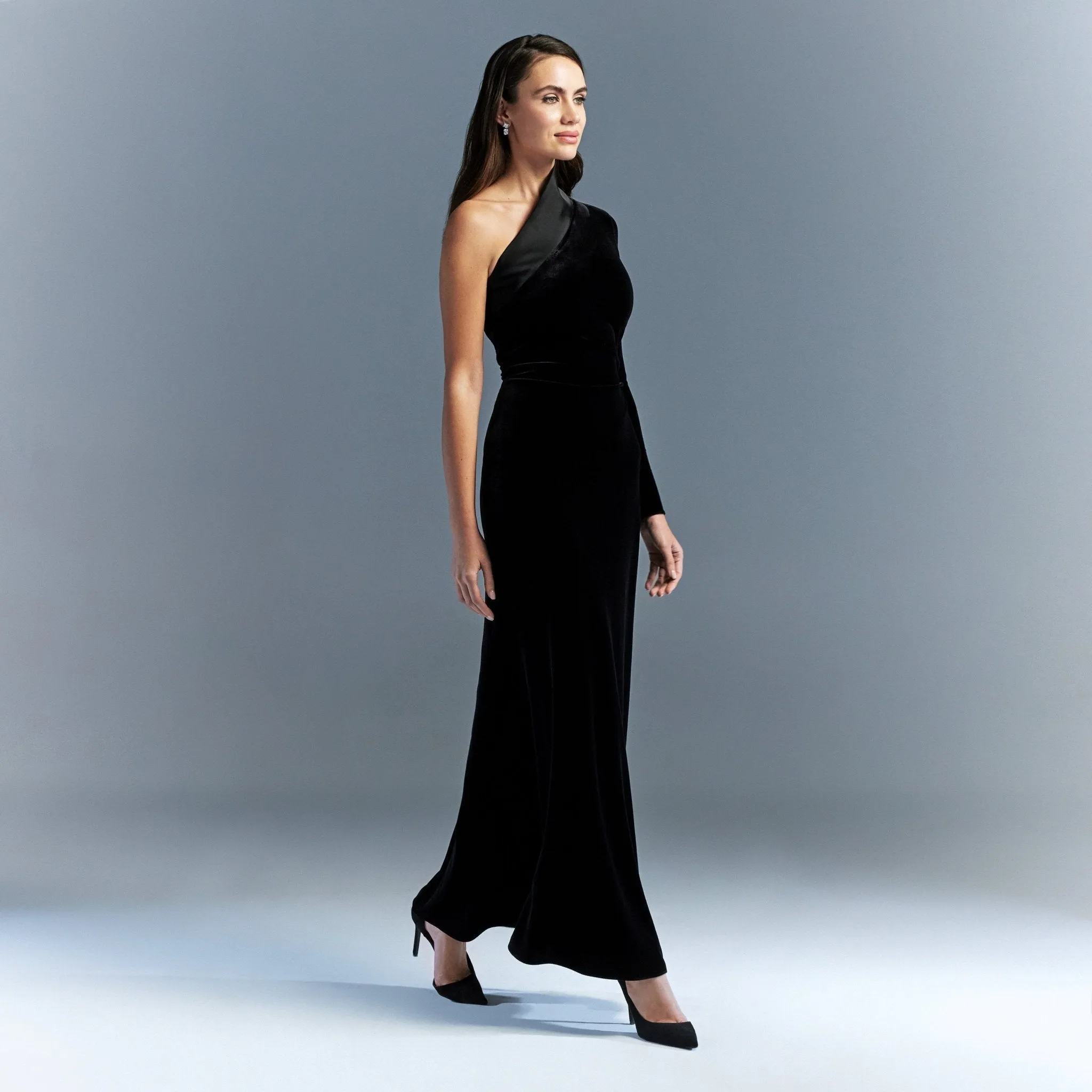 Black One Shoulder Velvet Maxi Dress With Satin Hem - Limited edition