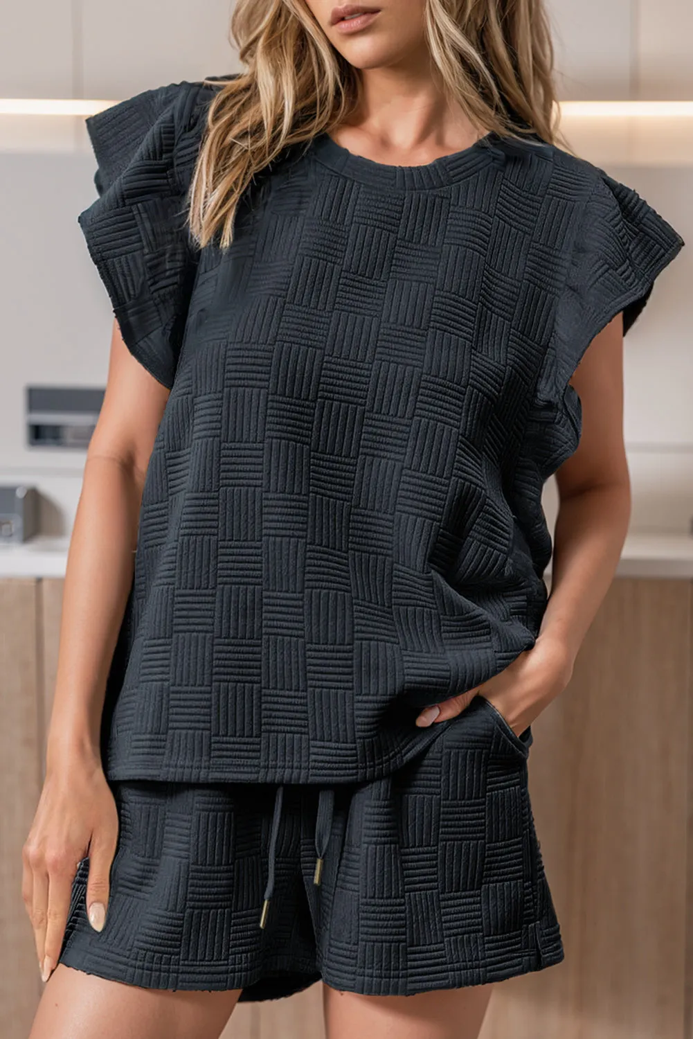 Black Textured Ruffled Sleeve Tee and Drawstring Shorts Set