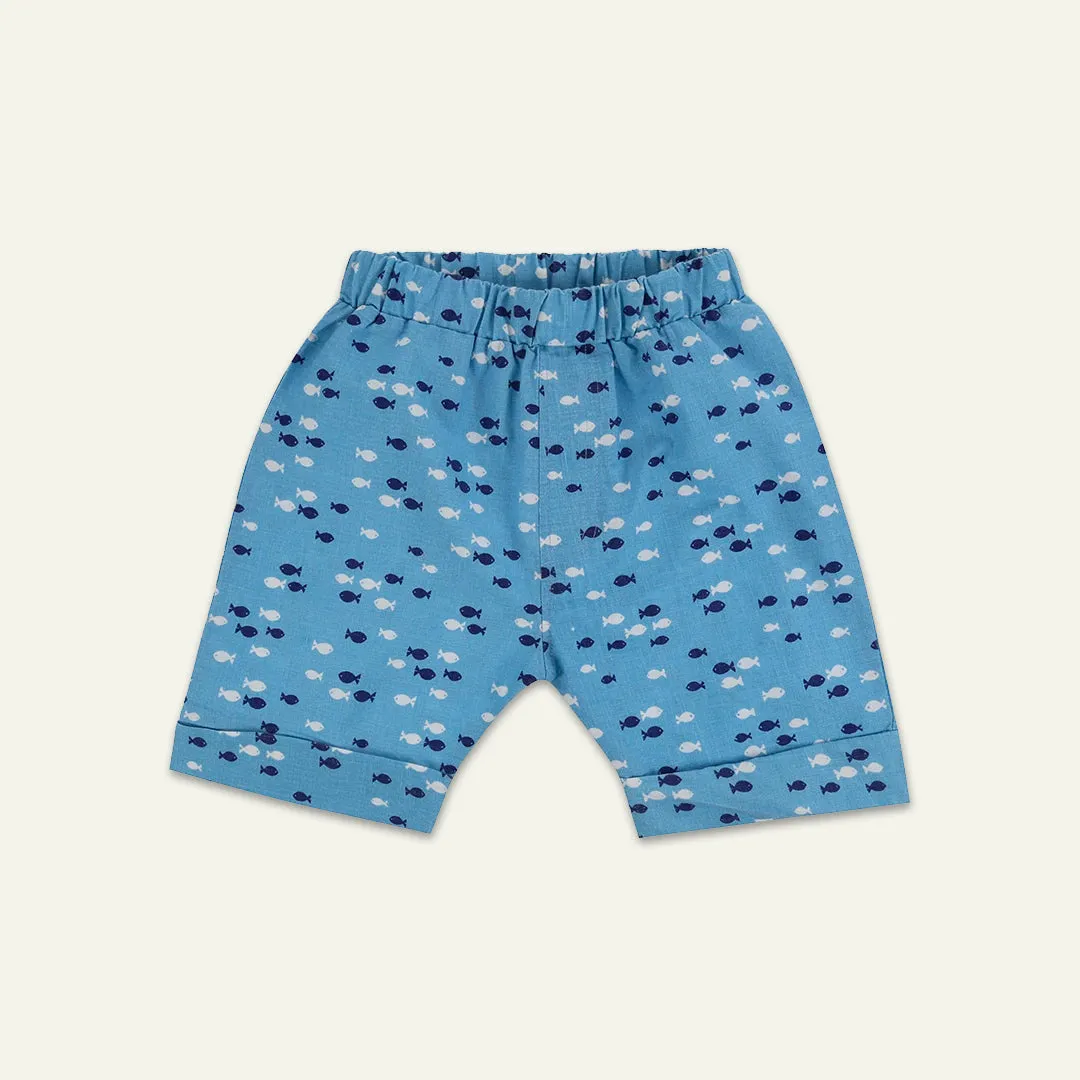 Blue Fish Print Top, Short And Bib Set