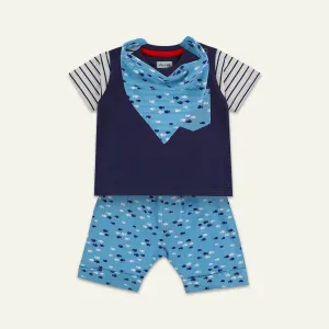 Blue Fish Print Top, Short And Bib Set