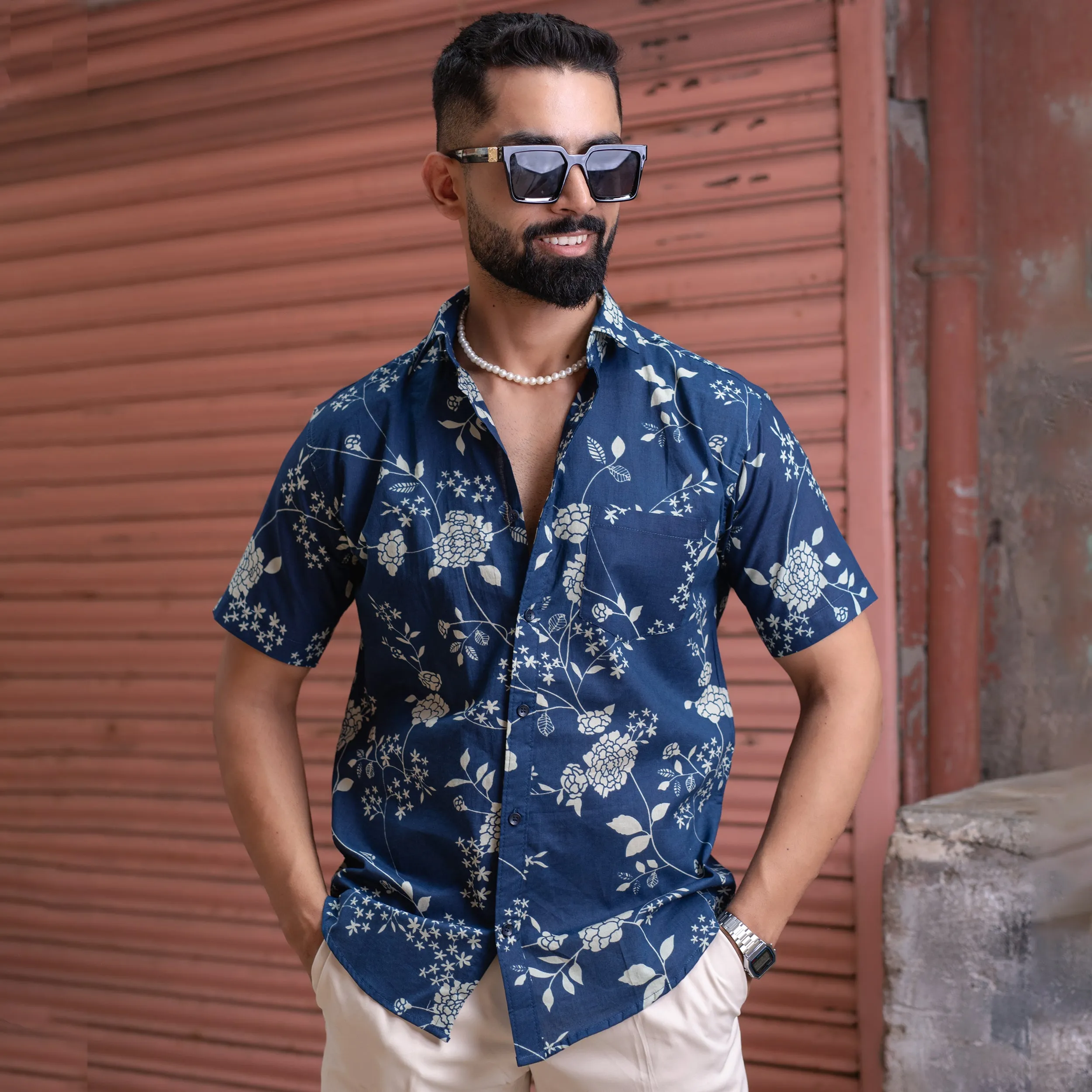 Blue Floral Half Sleeve Printed shirt