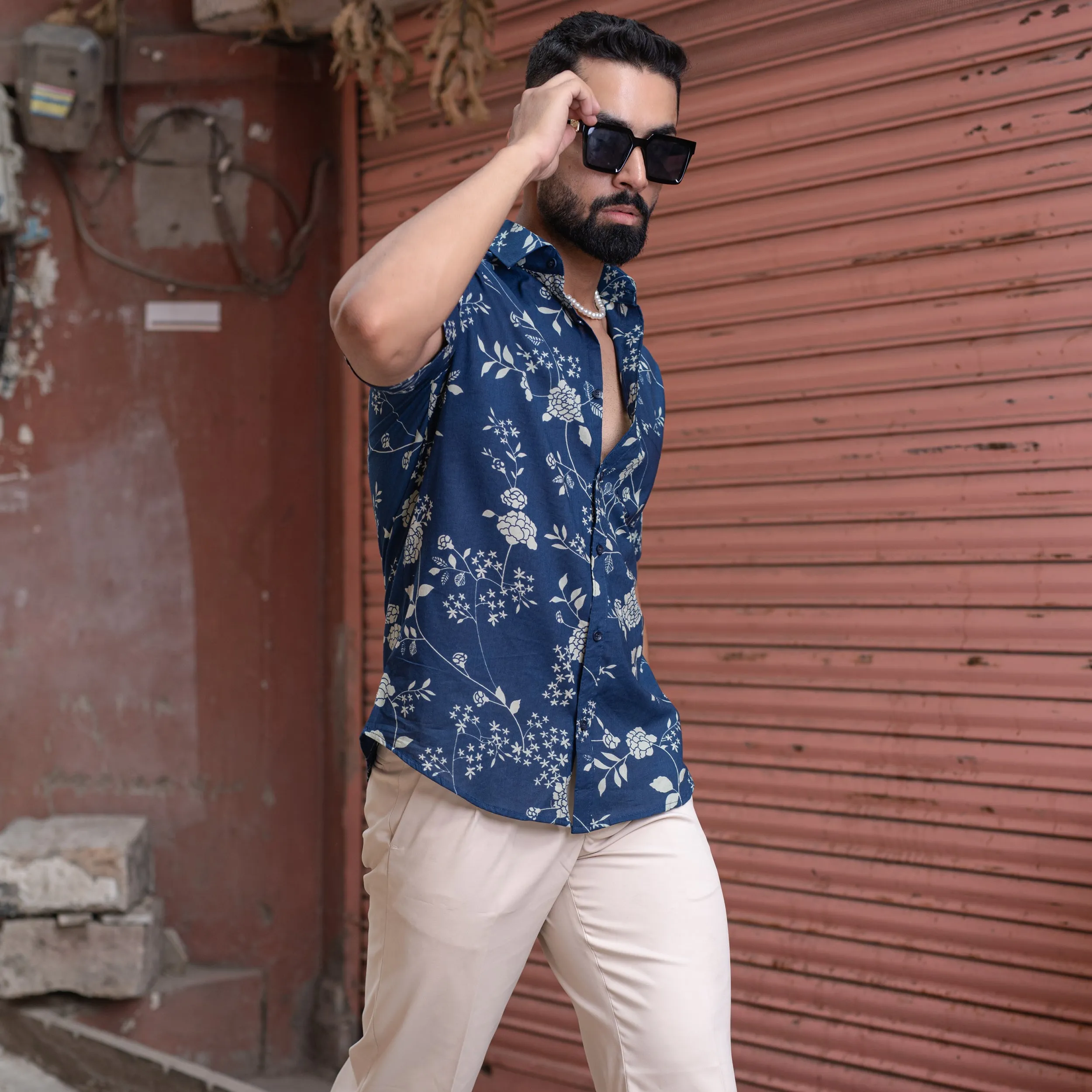 Blue Floral Half Sleeve Printed shirt