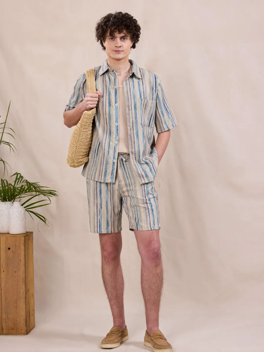 Blue Striped Cotton Shorts