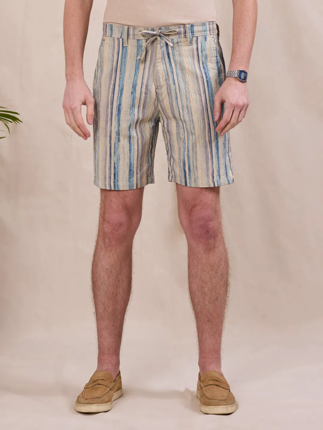 Blue Striped Cotton Shorts