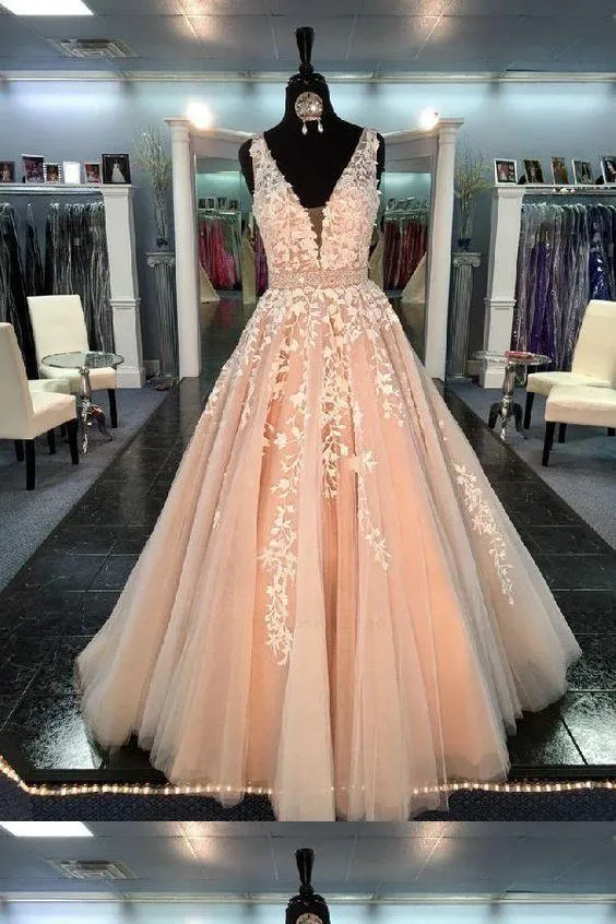Blush Pink Wedding Dress with Ivory Floral Lace Bodice