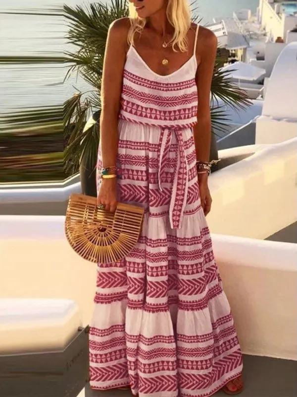 Bohemian Maxi Dress with Geometric Print and Deep V-Neck
