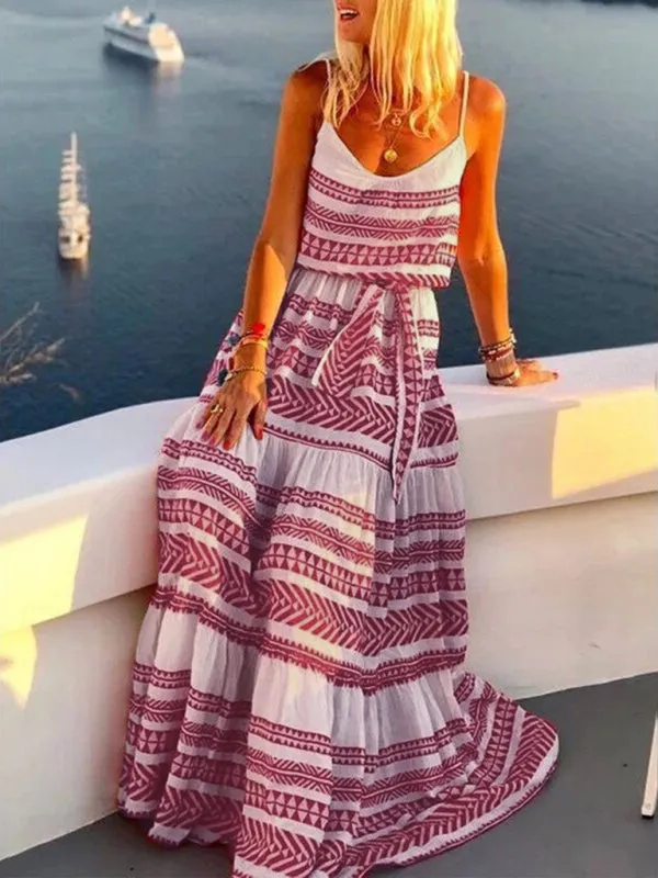 Bohemian Maxi Dress with Geometric Print and Deep V-Neck