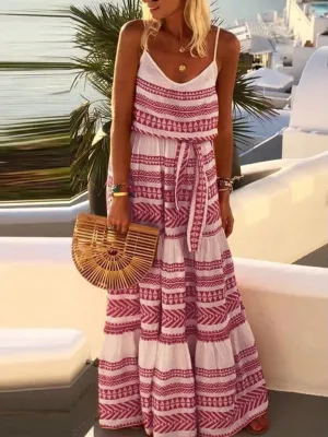 Bohemian Maxi Dress with Geometric Print and Deep V-Neck